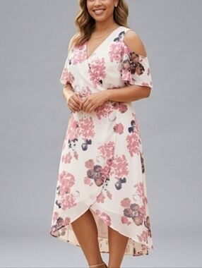 Blush Pink Airy Cold Shoulder Faux Wrap Midi Spring Dress Size Large